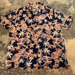 Caribbean Navy Blue Pineapple Print Casual Button Down Shirt